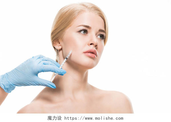 带乳胶手套给年轻女子注射面部整形整容美容面部抗衰